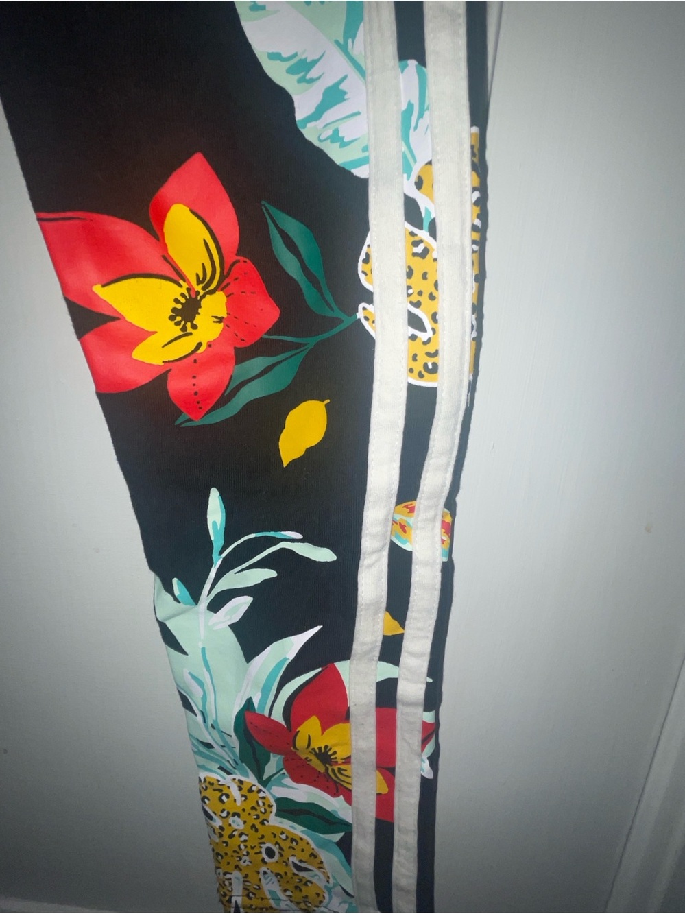 adidas Black Floral Leggings with White Stripes
